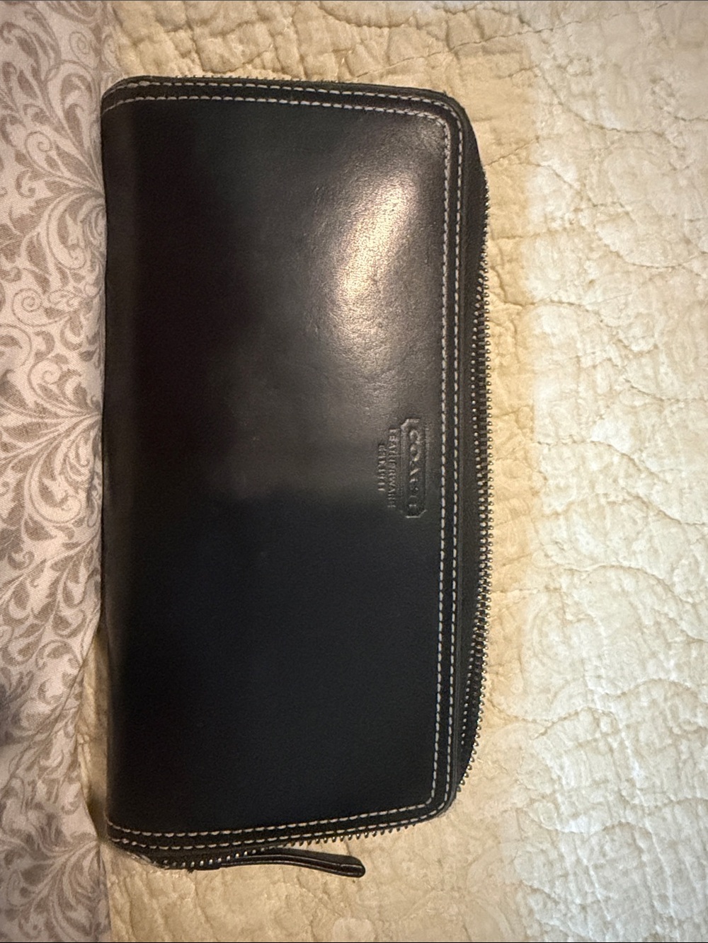 Coach Black Leather Zip-Around Men's Wallet with Contrast Stitching